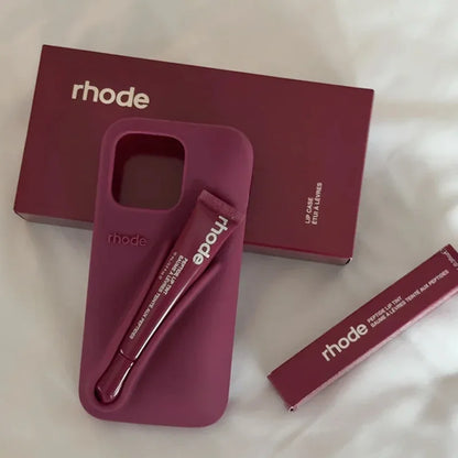 Pink phone case with 'rhode' branding on a white background