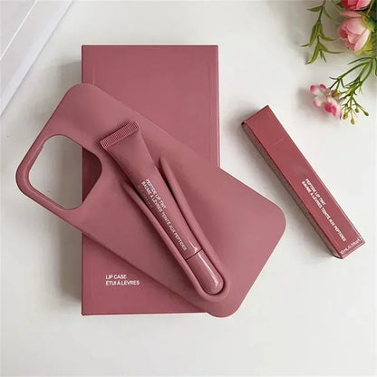 Pink lip case with lip balm on a white surface with flowers