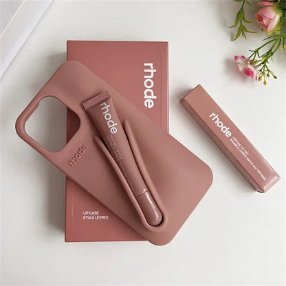 Pink Rhode lip case and lip product with 'rhode' branding on a white background